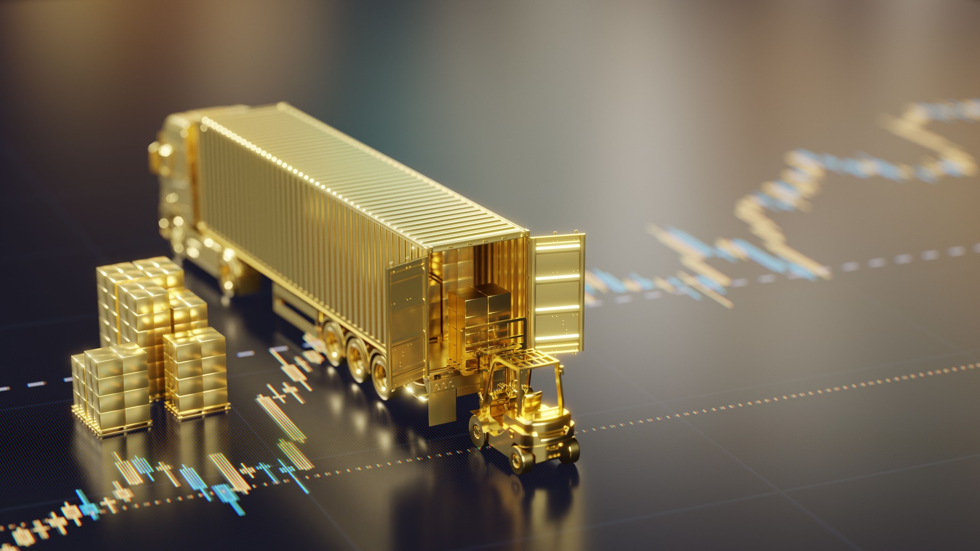 Golden Forklift Loading Cargo Truck Over Digital Display with Stock Market Trends Symbolizing Trade and Logistics